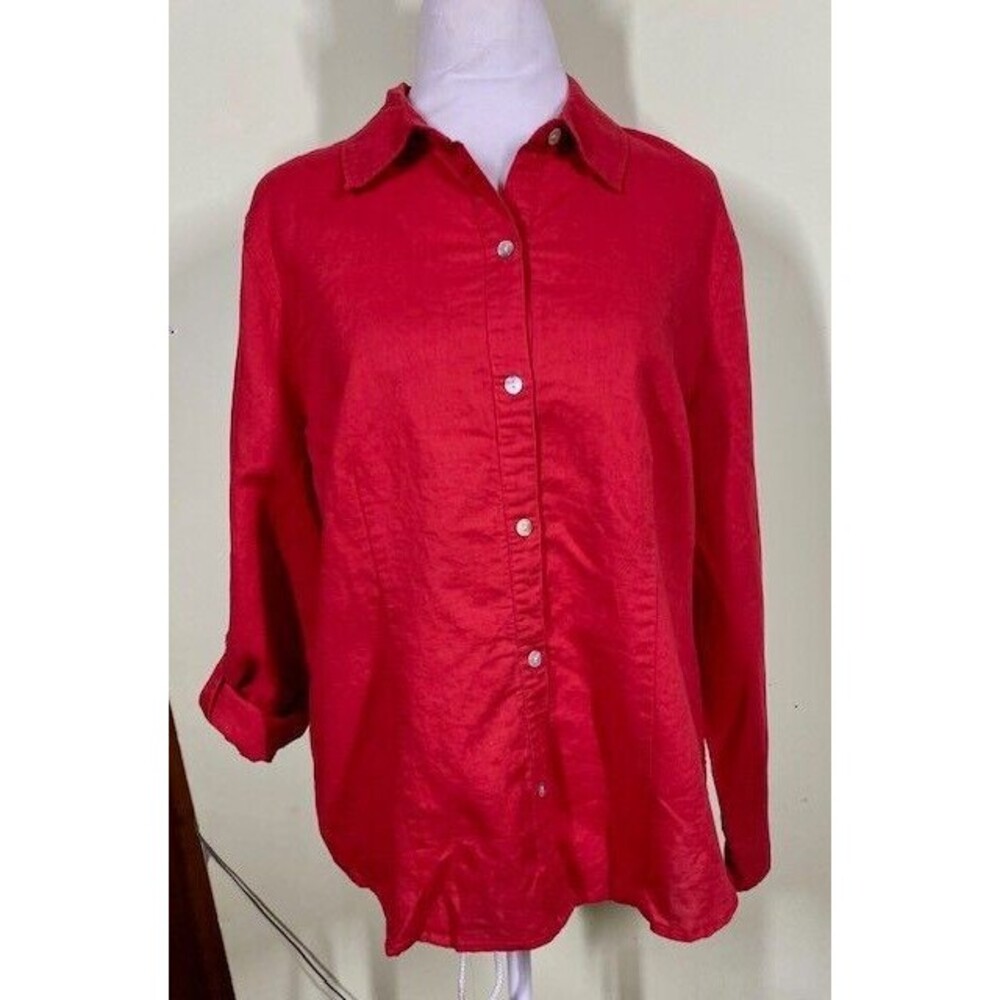 Cole Daniel Womens Size M Red Solid Button Up Shirt Roll Tab Sleeve Linen Blend